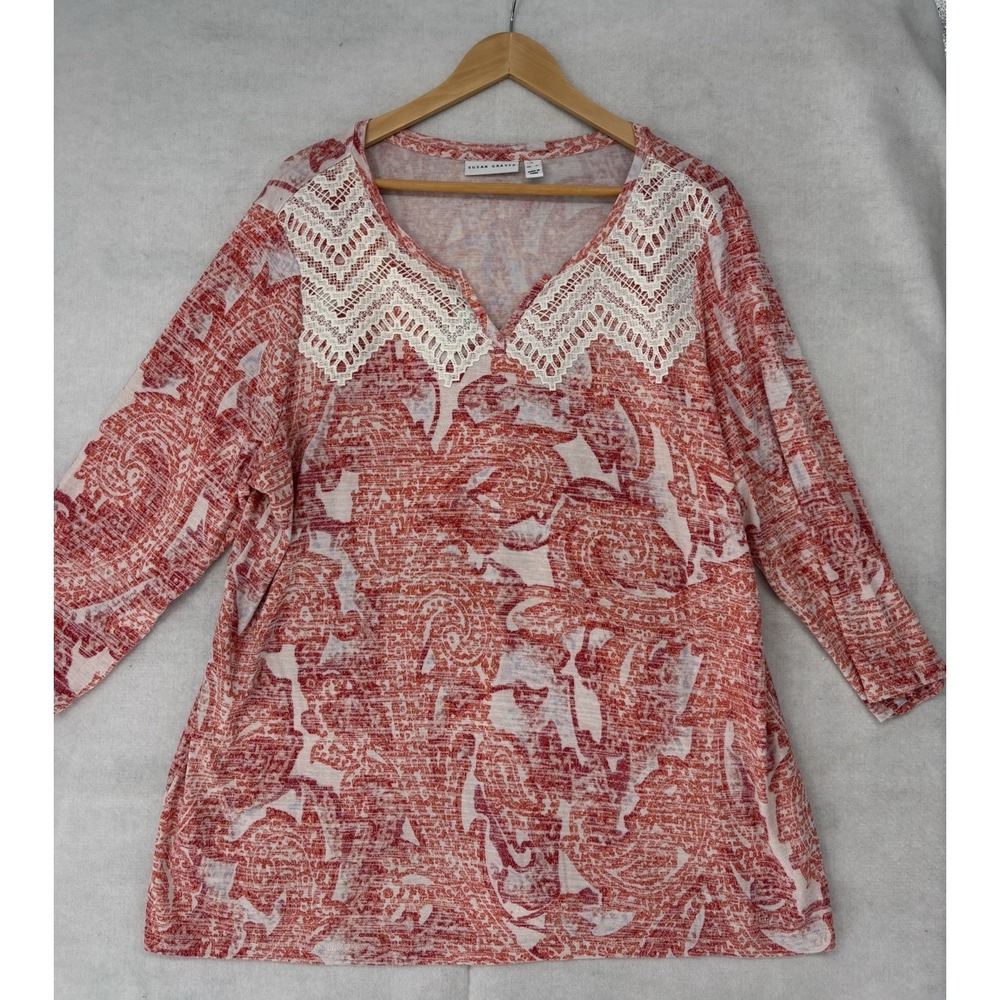 Susan Graver Artisan Collecti Pink/Wht/Coral Paisley Tunic Top XL With Lace